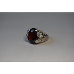10K White Gold Plated with Large Dark Red Gemstone and Clear Accent Stones